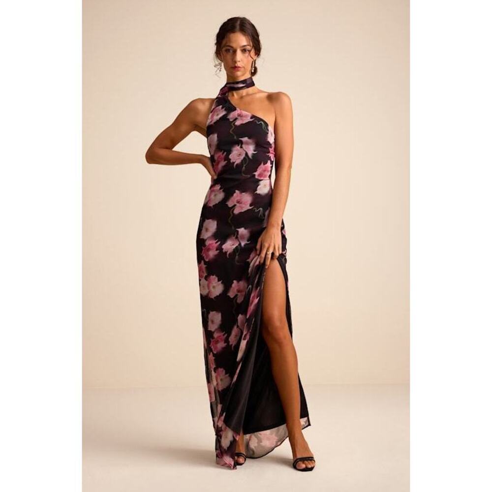 Lulus Leighna Plum And Pink Floral One-shoulder Scarf Maxi Dress Purple - Size L